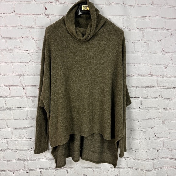 Oversized Sweater Women size Large Olive Green Turtleneck Hi Low hem Loose Fit - Picture 4 of 12